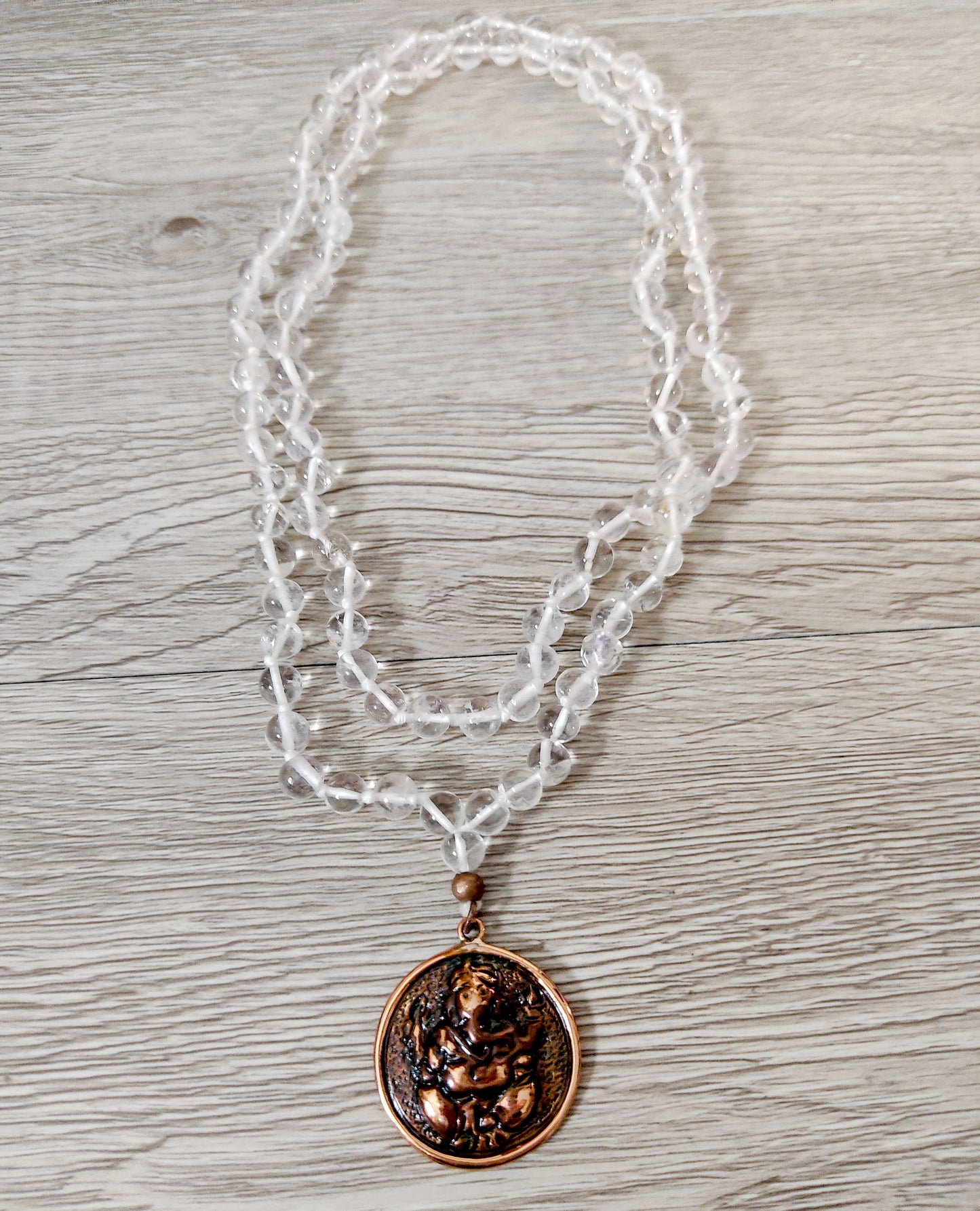 Ganesh Ji Ganapati Pure Copper Pendant with Crystal Quartz Beaded Mala Necklace
