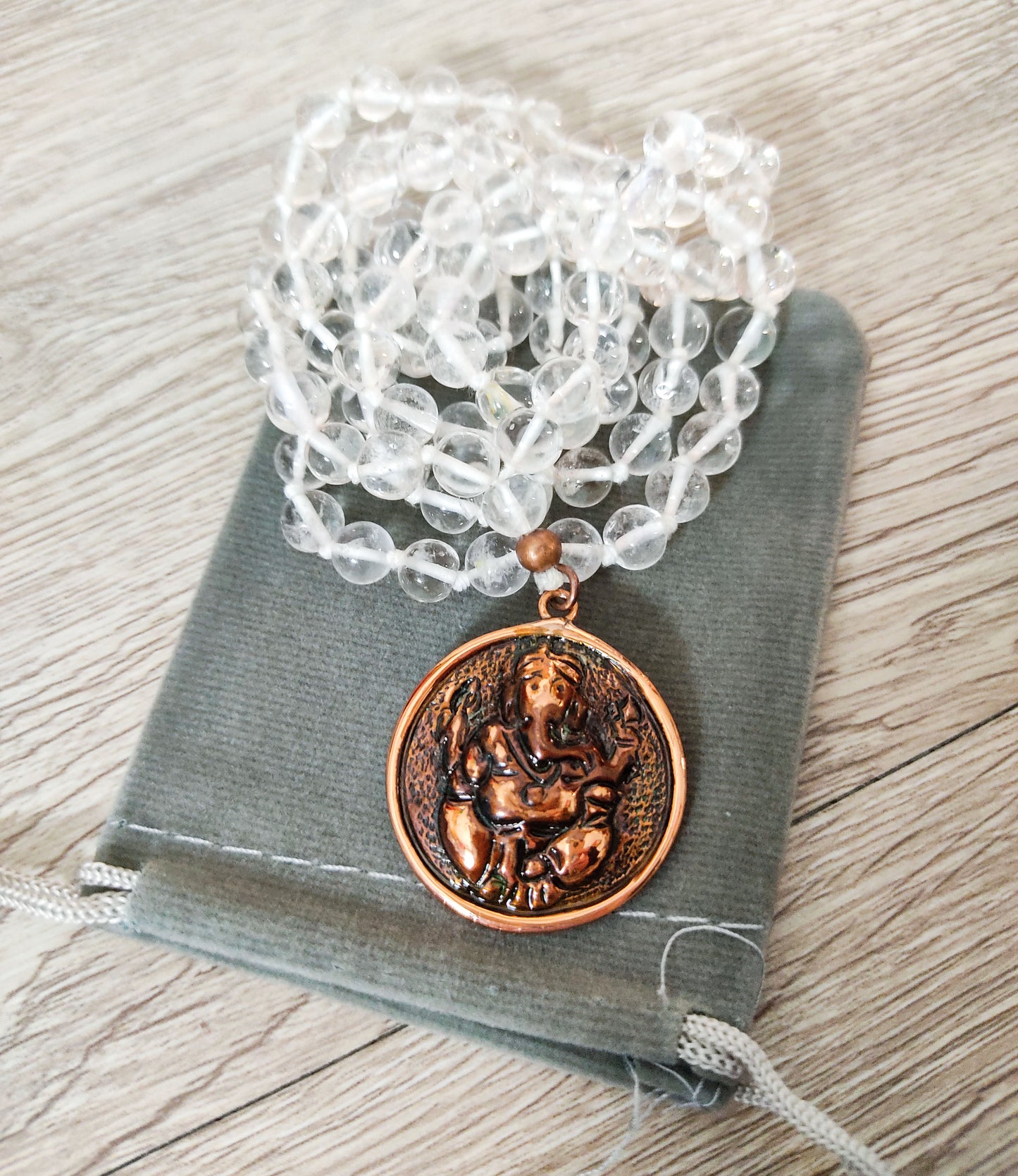 Ganesh Ji Ganapati Pure Copper Pendant with Crystal Quartz Beaded Mala Necklace