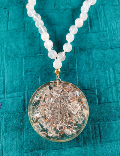 Orgone Hamsa Pendant with Real Moonstone Beads Mala Necklace Jewelry Gift