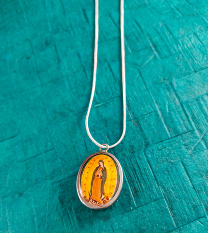 Our Lady Guadalupe Pendant Necklace 20" Silver Plated Snake Necklace Religious Gift