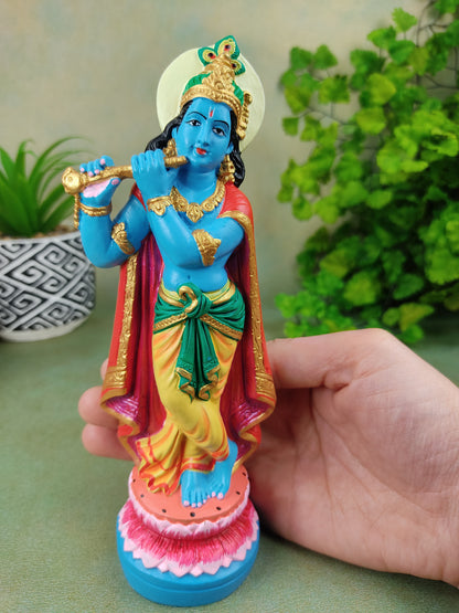 India God Sri Krishna Holy Ganges Clay Handmade Hand-painted Statue 7.25"