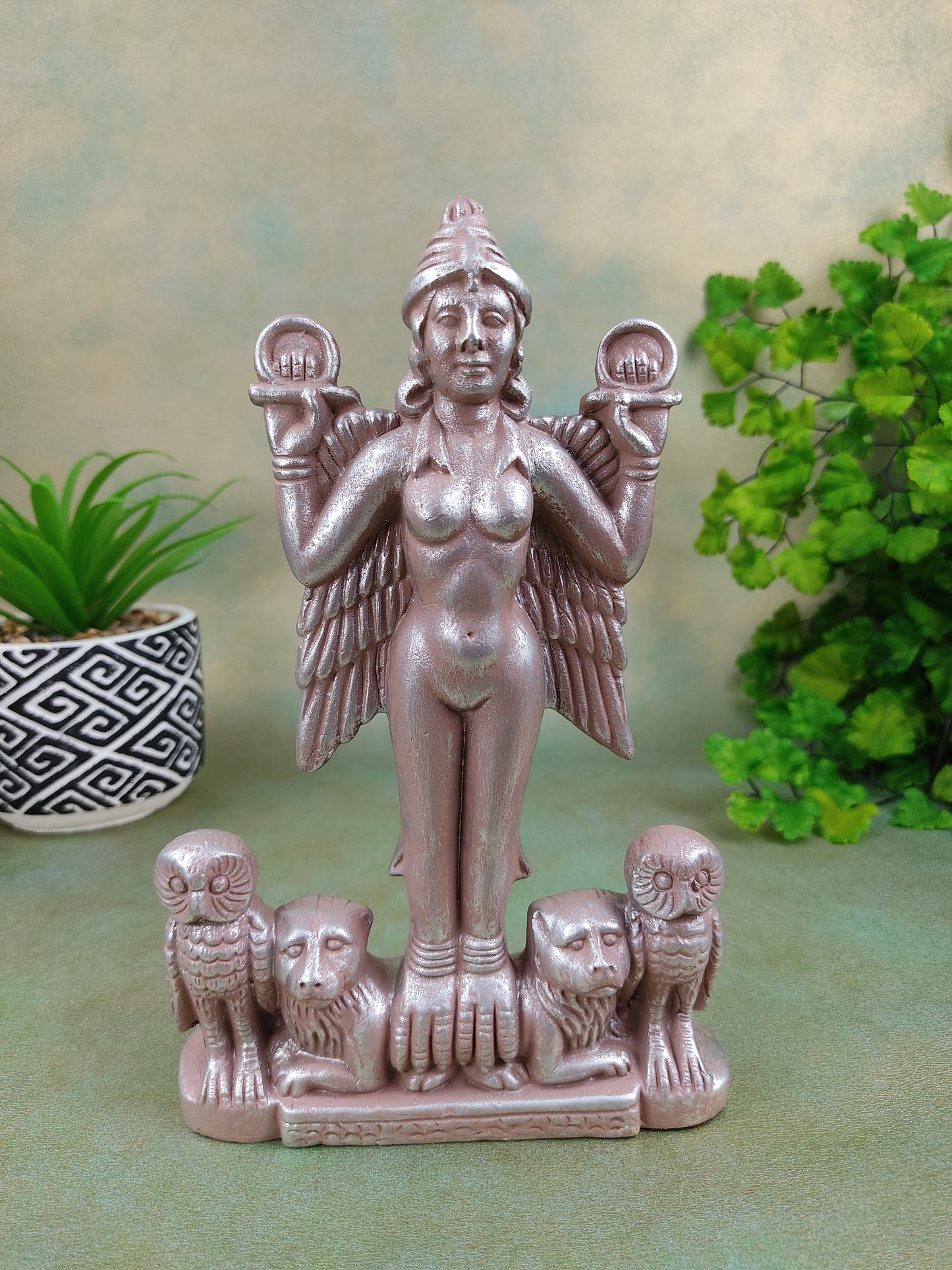 Sumerian Lilith Statue Handmade Goddess Ganges Clay Silver Finish Sculpture 7.25"