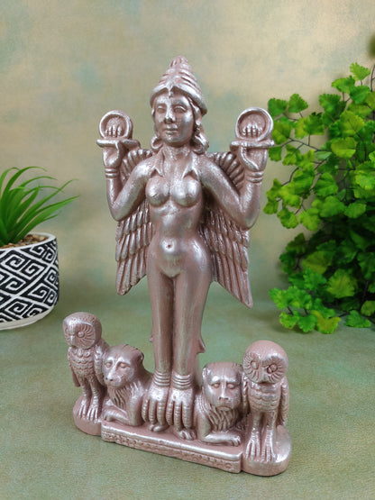 Sumerian Lilith Statue Handmade Goddess Ganges Clay Silver Finish Sculpture 7.25"