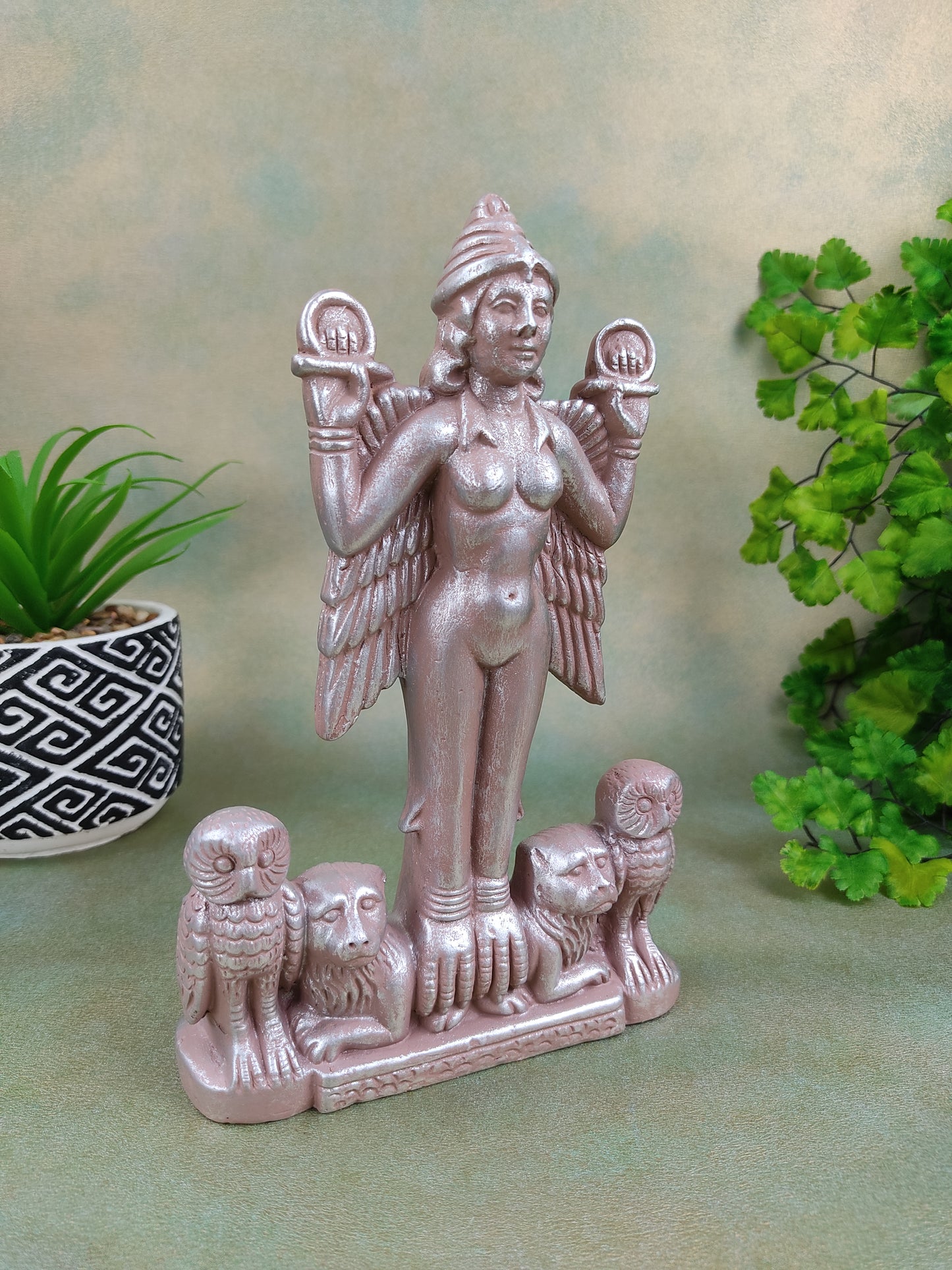 Sumerian Lilith Statue Handmade Goddess Ganges Clay Silver Finish Sculpture 7.25"