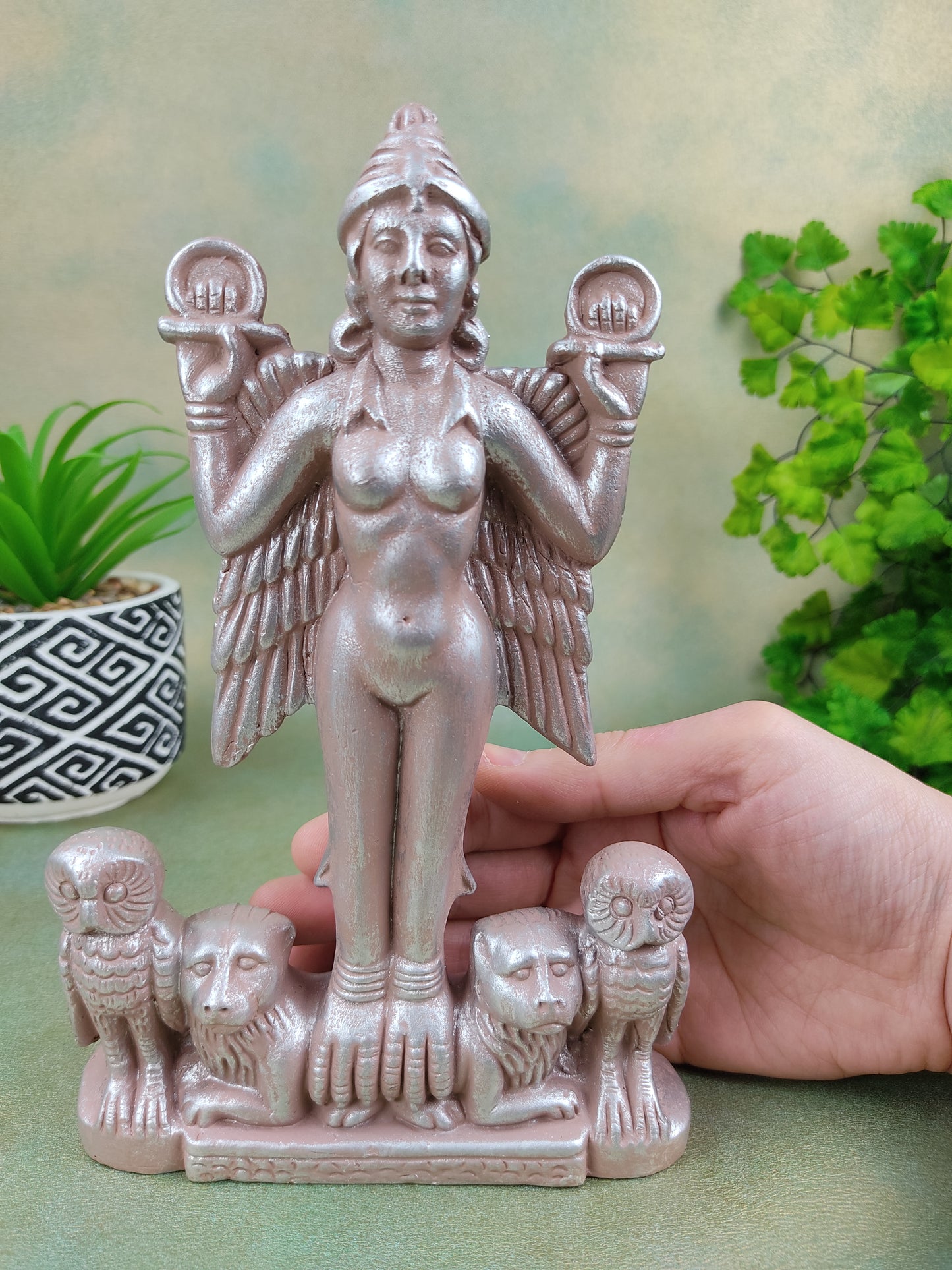 Sumerian Lilith Statue Handmade Goddess Ganges Clay Silver Finish Sculpture 7.25"