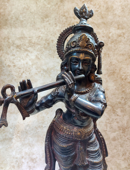 Sri Krishna with Flute Solid Brass Large Vintage New Statue Sculpture 25"