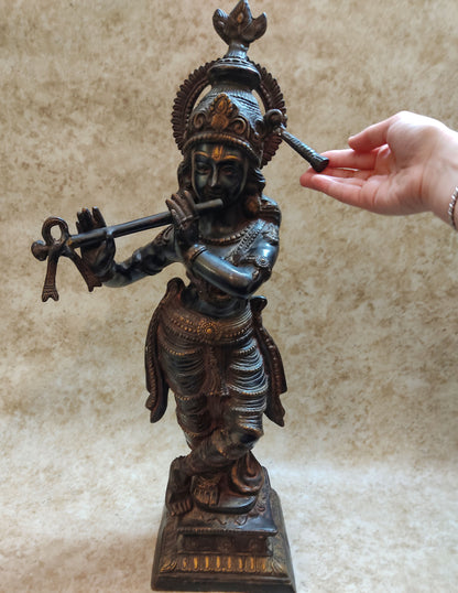 Sri Krishna with Flute Solid Brass Large Vintage New Statue Sculpture 25"