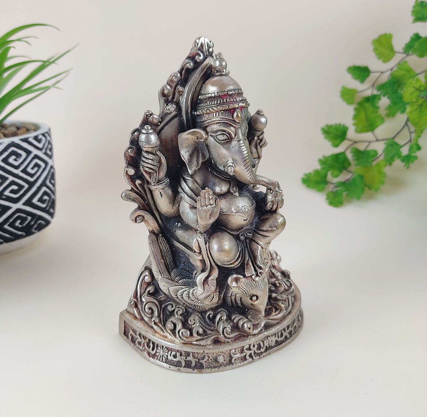 Vintage Ganesh Ji India Elephant God Altar Statue Handmade White Brass 6.75"