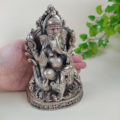 Vintage Ganesh Ji India Elephant God Altar Statue Handmade White Brass 6.75"