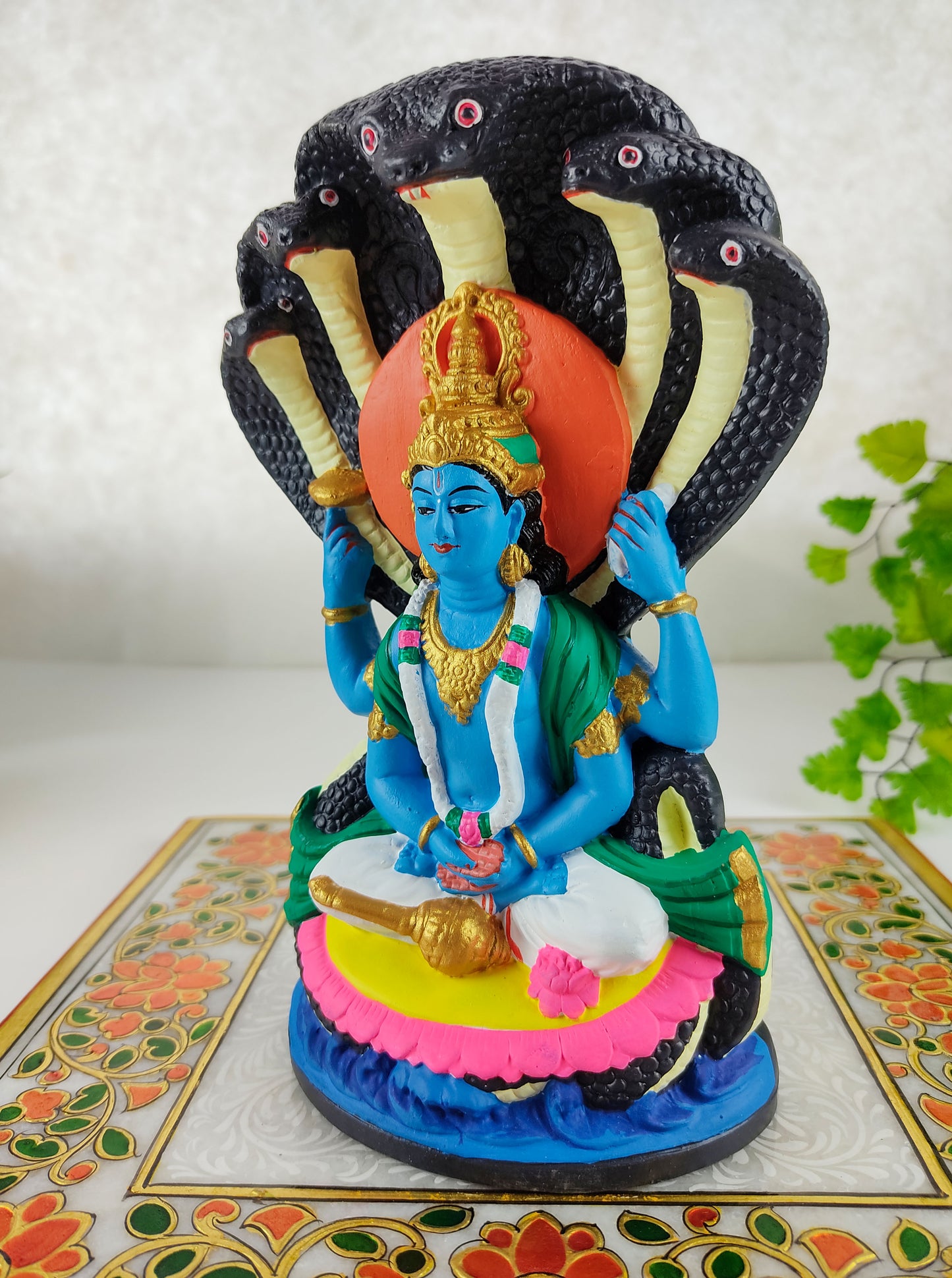 Lord Vishnu Ananta Shesha Ganges Clay Handmade Visnu Altar Statue 7.5"