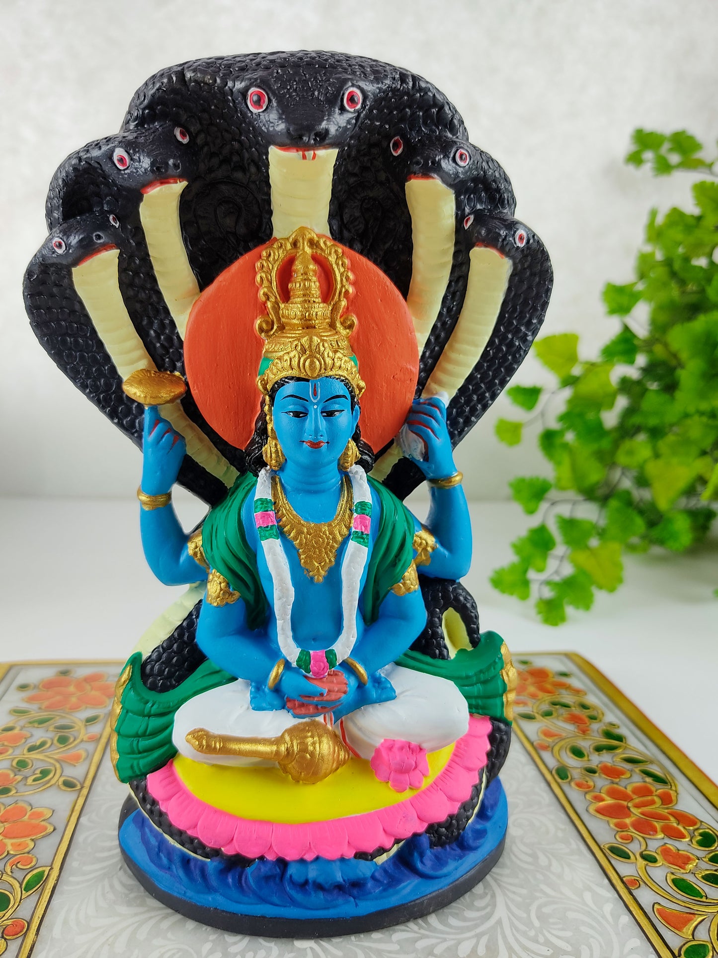 Lord Vishnu Ananta Shesha Ganges Clay Handmade Visnu Altar Statue 7.5"