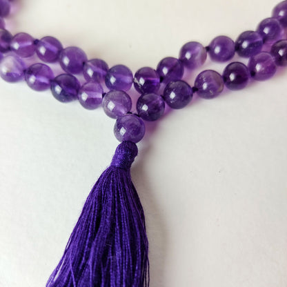 Real Amethyst Japa Mala 108 Knotted Prayer Beads | Gemstone Spiritual Necklace