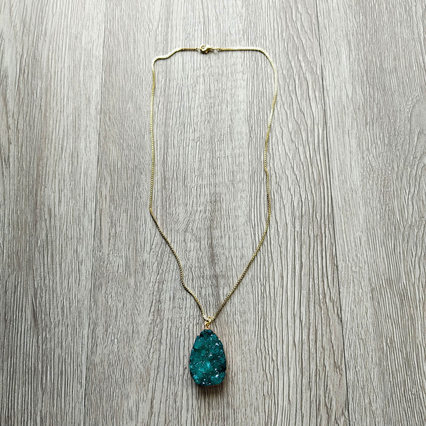 Ocean Blue Crystal Druzy Pendant 18" 14k Gold-plated Box Necklace Jewelry Gift