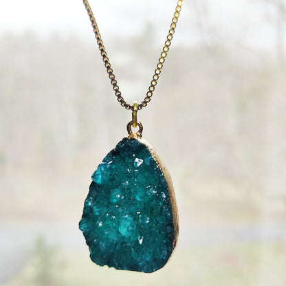 Ocean Blue Crystal Druzy Pendant 18" 14k Gold-plated Box Necklace Jewelry Gift