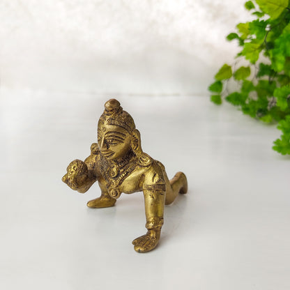 Baby Krishna Brass Deity Murti  3.5" Long Handmade Laddhu Gopal God Statue