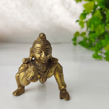 Baby Krishna Brass Deity Murti  3.5" Long Handmade Laddhu Gopal God Statue