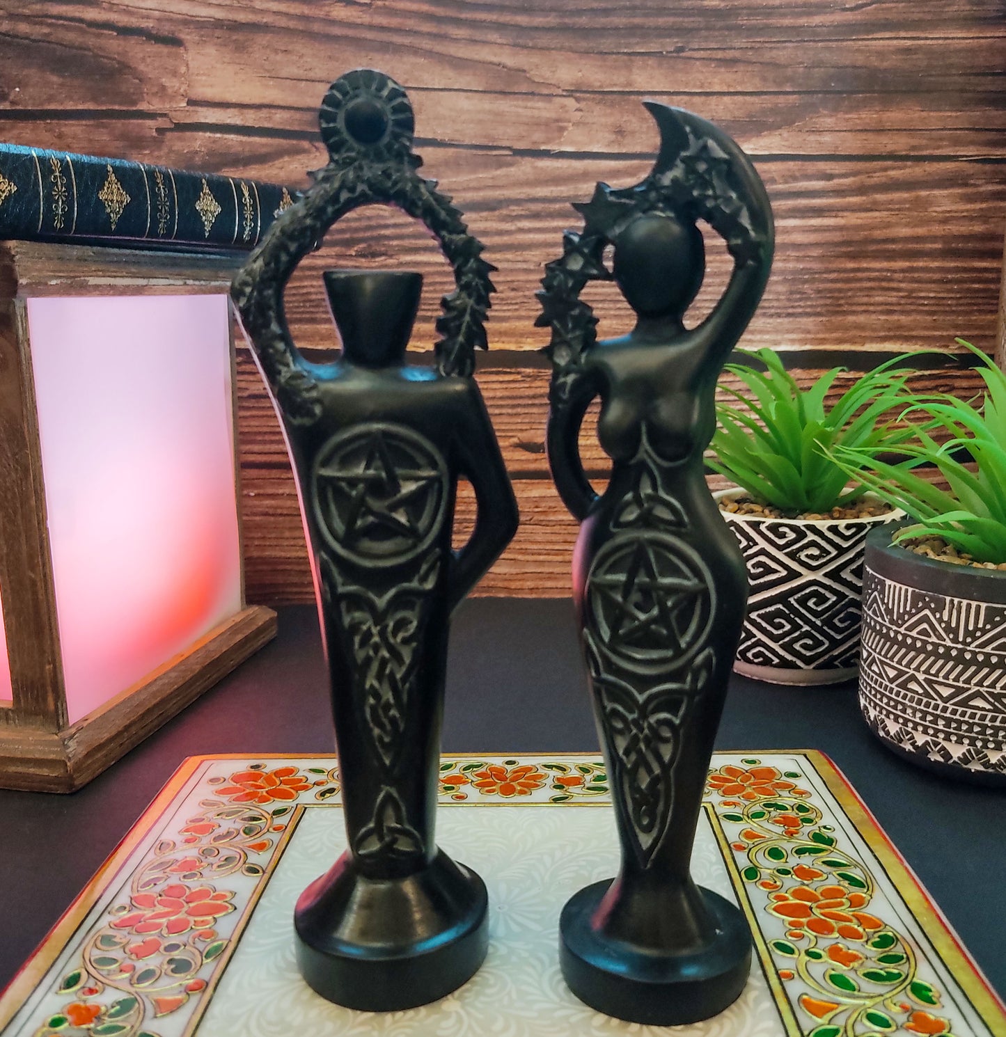 Black Pentacle Goddess and Lord Statue Set Handmade Resin Altar Statue 8.5"
