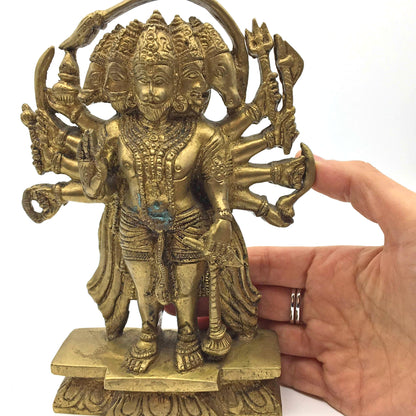 Antique Brass 5 Faced Hanuman Murti Statue Hindu Monkey God 7.7" India - Montecinos Ethnic