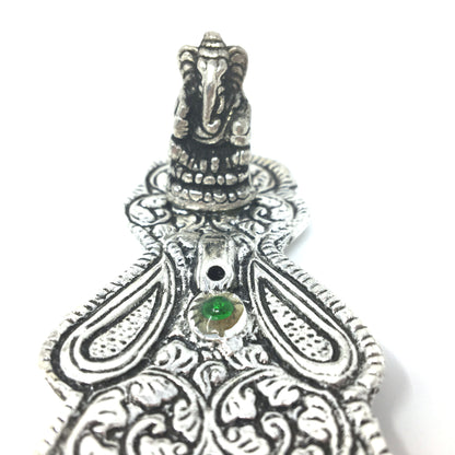 Incense Burner Holder- Ornate Metal Ganapati Burner Decorative Green Stone