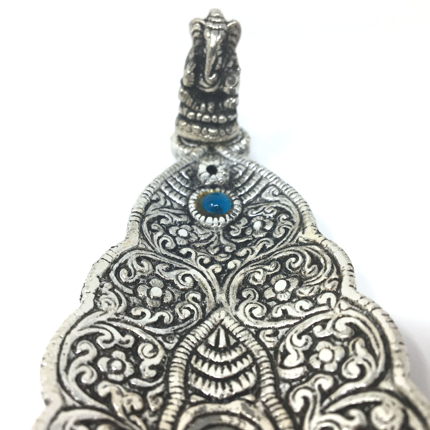 India Incense Burner - Ornate Metal Ganesh Large Leaf Blue Decorative Stone