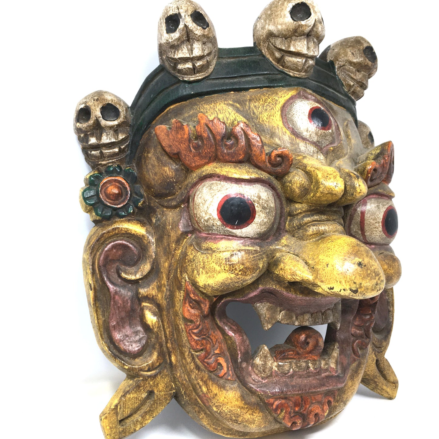 Wood Carving Buddhism Mahakala Mask Wall Plaque Hanging - Nepal Handmade 14"