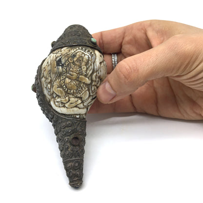 Conch-shell Trumpet Mahakala Silver Repousse Gemstones Tibet 20th century