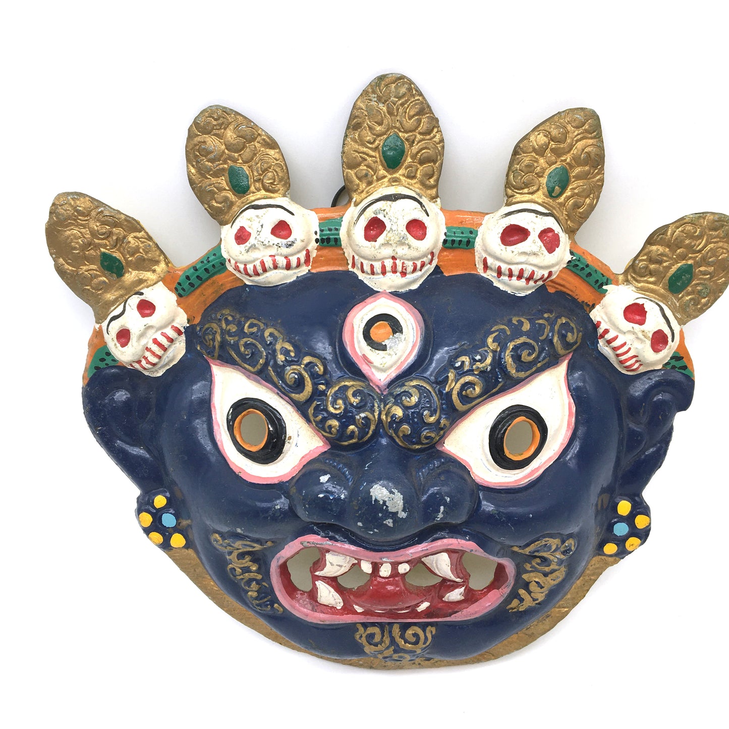 Tibetan Mahakala Wrathful Dharma Protector Handmade Metal Mask 6.5" Tall