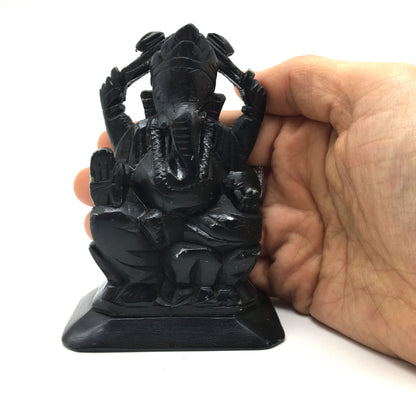 Ganesh Ganapati Hand-carved in Solid Stone Hand-painted Black Sculpture Statue