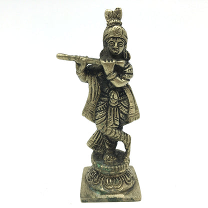 Handcrafted Brass India God  Krishna W/Flute Murti Statue Hinduism God 3.5"