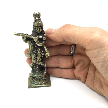 Handcrafted Brass India God  Krishna W/Flute Murti Statue Hinduism God 3.5"
