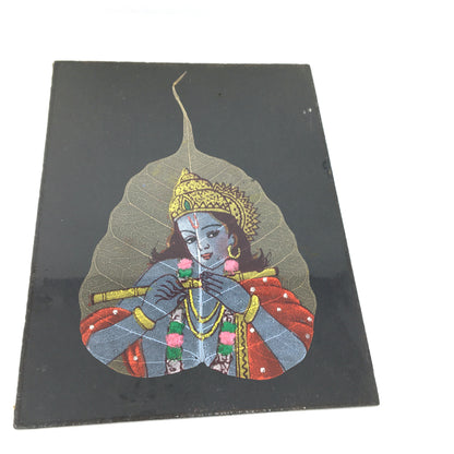 Hand-painted India God Lord Krishna Playing Divine Flute Painted on Real Dry Lea