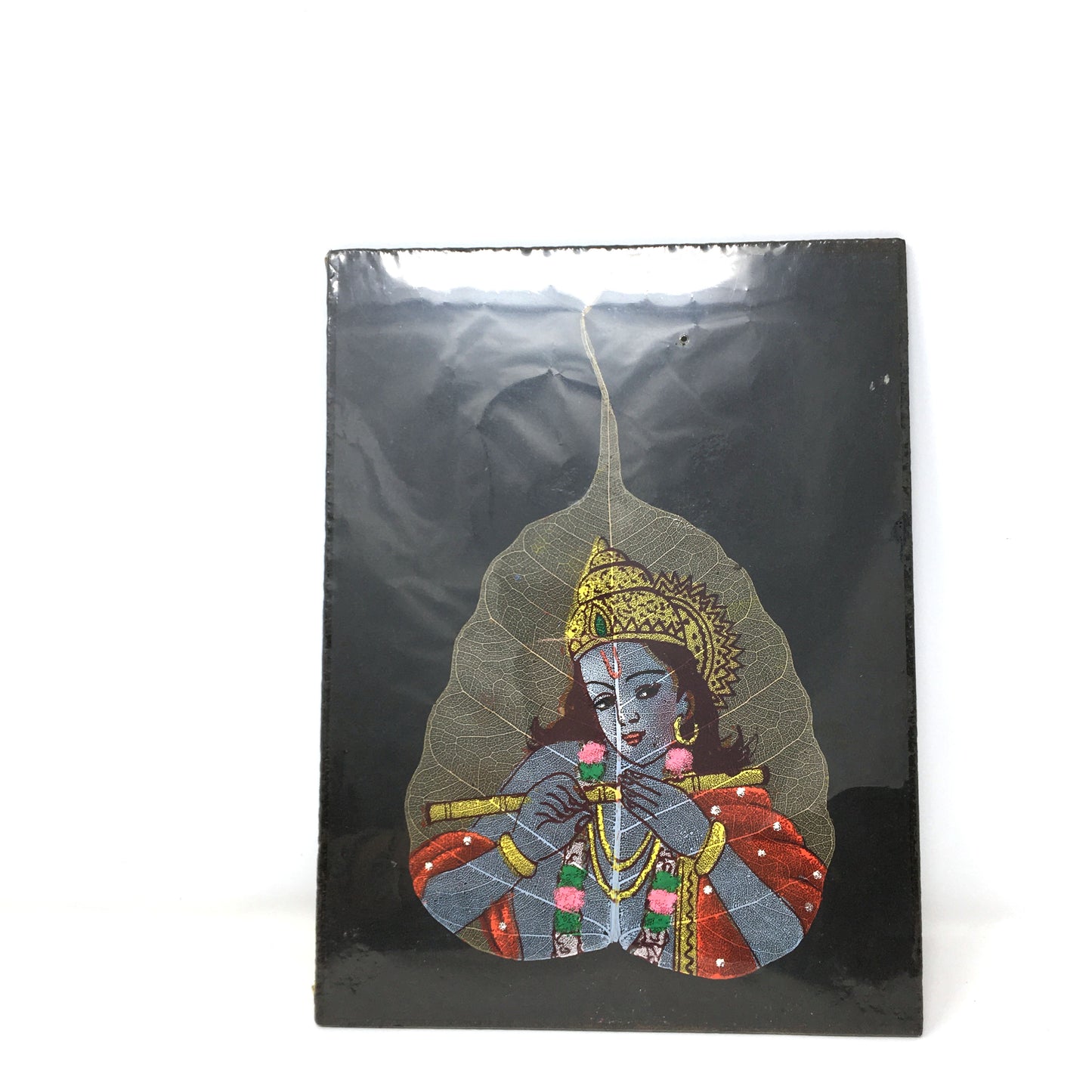 Hand-painted India God Lord Krishna Playing Divine Flute Painted on Real Dry Lea