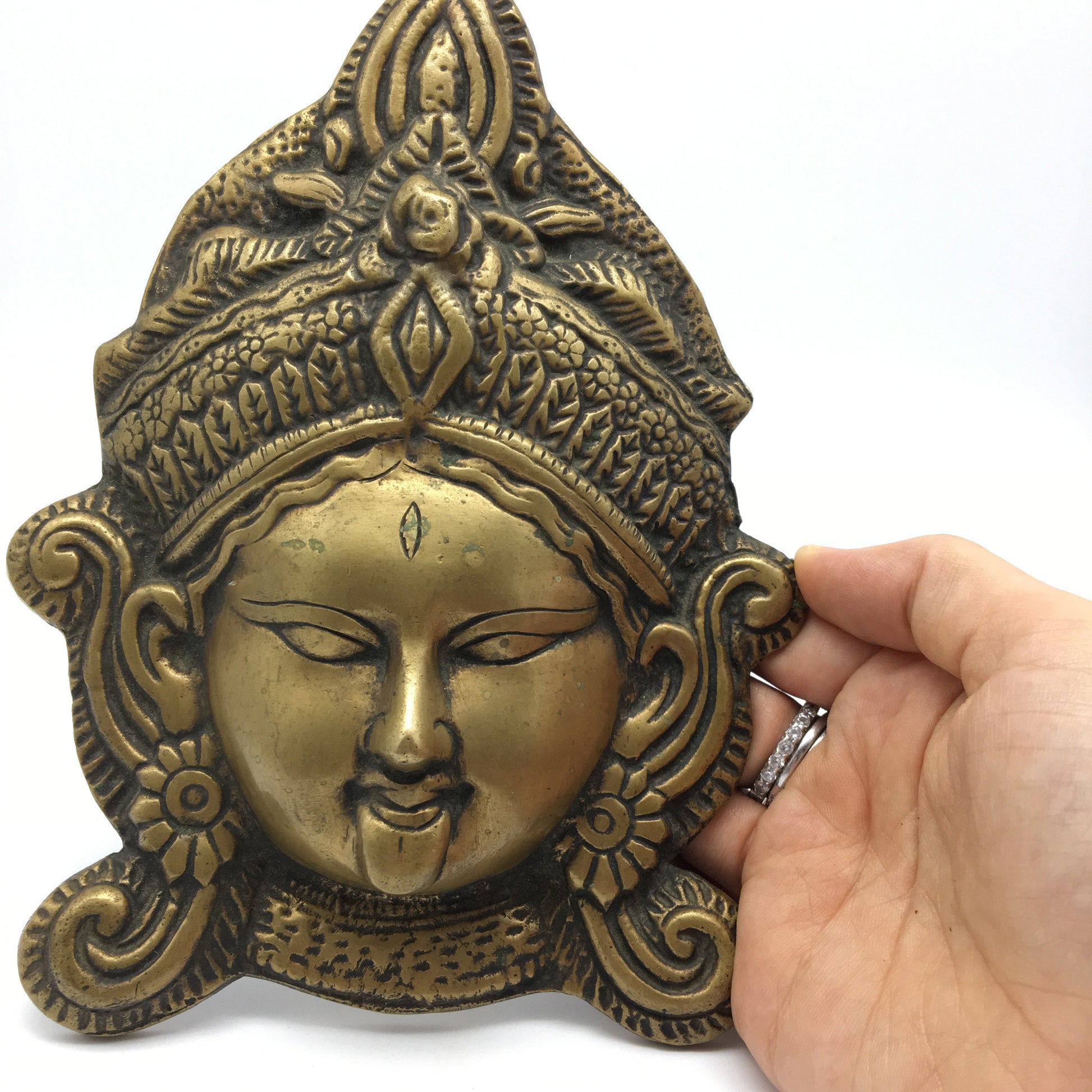 Vintage Decorative Brass Face Mask Mother Mata Durga India Goddess - Hanging - Montecinos Ethnic