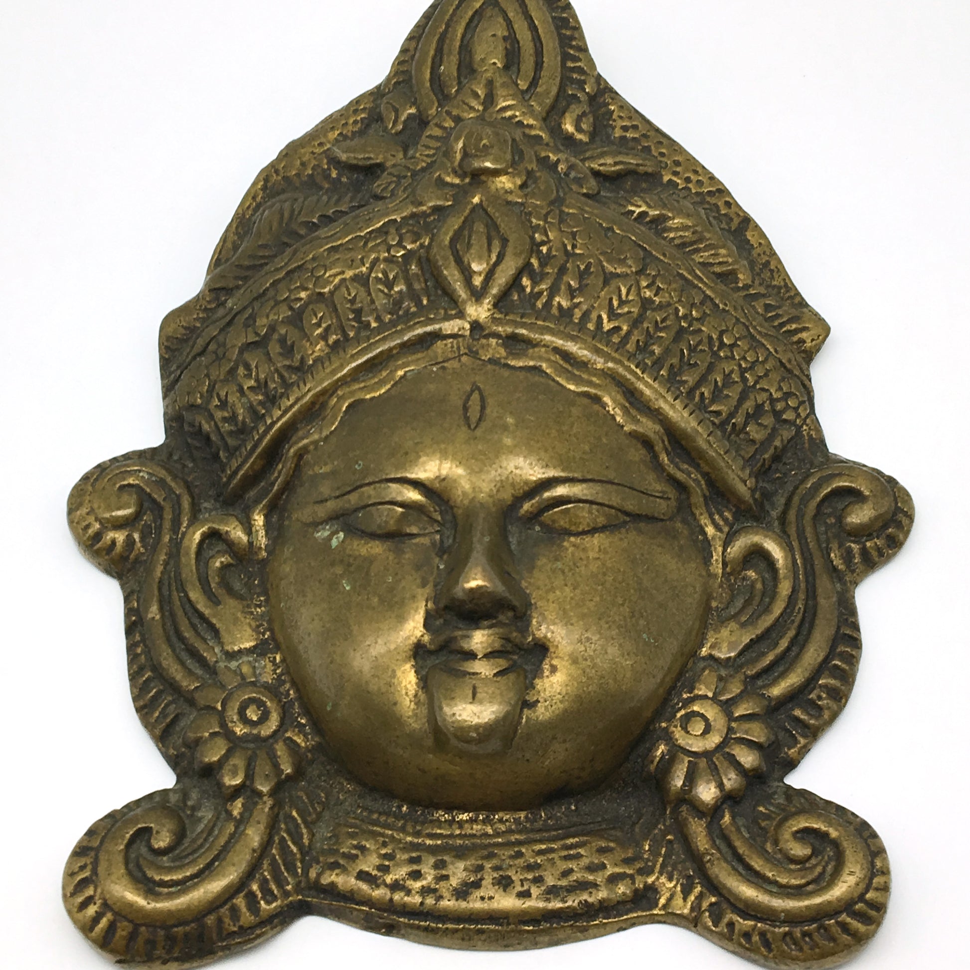 Vintage Decorative Brass Face Mask Mata Durga India Goddess - Hanging 7.5" - Montecinos Ethnic