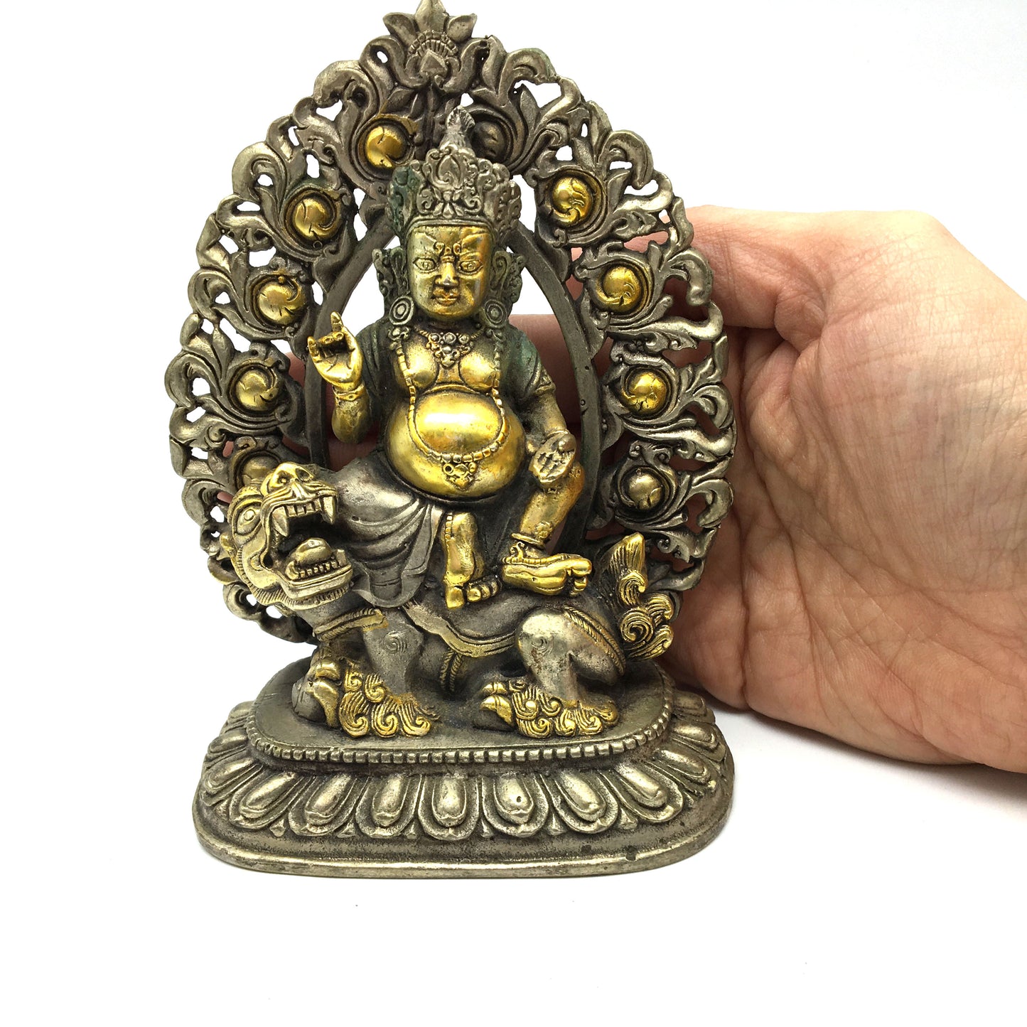 Jambhala Kubera Statue Sitting on Lion Tibetan Buddhism Brass God Of Wealth