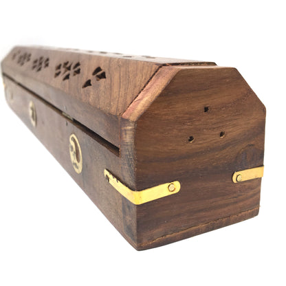 Handmade Incense Burner - Wooden Box With Storage - Decorative Brass Inlays