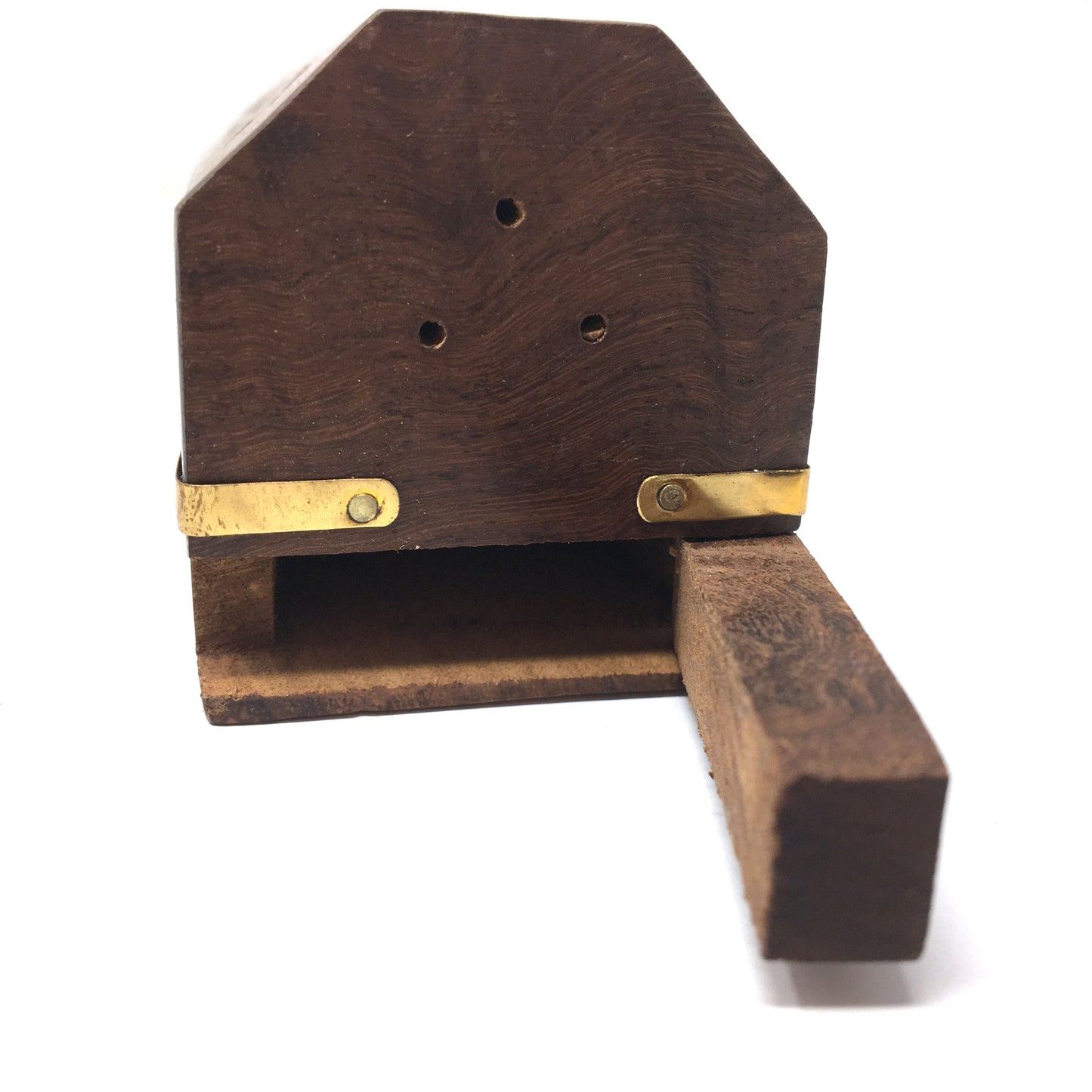 Handmade Incense Burner - Wooden Box With Storage - Decorative Brass Inlays