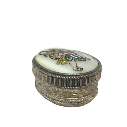 Handcrafted Decorative Silver Kumkum Box W/ Hanuman India God Hand-painted