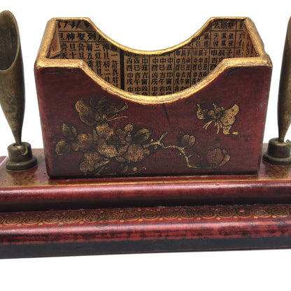 Vintage Chinese illustrated Wood Business Card and Pen Holder Desk Stand