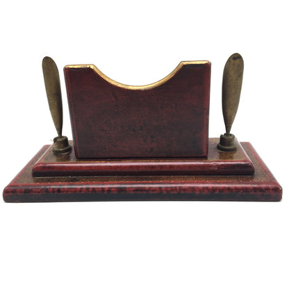 Vintage Chinese illustrated Wood Business Card and Pen Holder Desk Stand