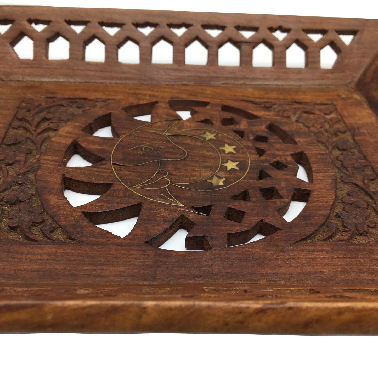 Vintage Rustic India Natural Wooden Decorative Handmade Brass Inlays Tray