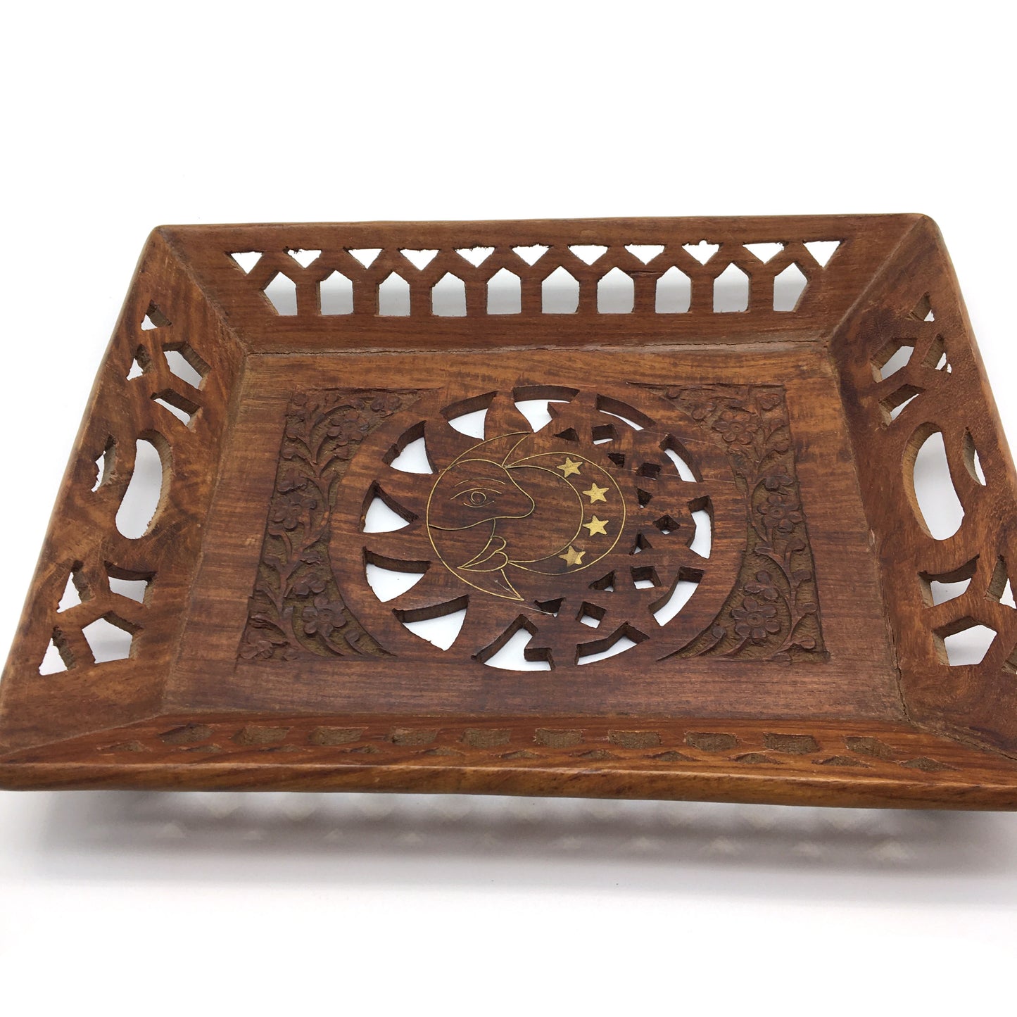 Vintage Rustic India Natural Wooden Decorative Handmade Brass Inlays Tray