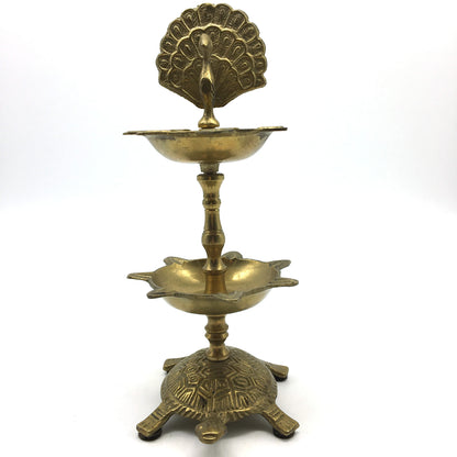 Brass Annam Diya Aarti Deepak Wick Lamp Puja Lamp -Peacock Turtle Design 7.8" - Montecinos Ethnic