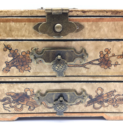 Hand-painted Oriental Jewelry Mirror Keepsake Wooden Box Decorative -2 Drawers