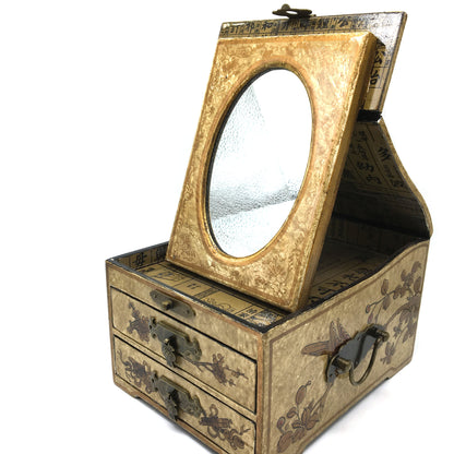 Hand-painted Oriental Jewelry Mirror Keepsake Wooden Box Decorative -2 Drawers