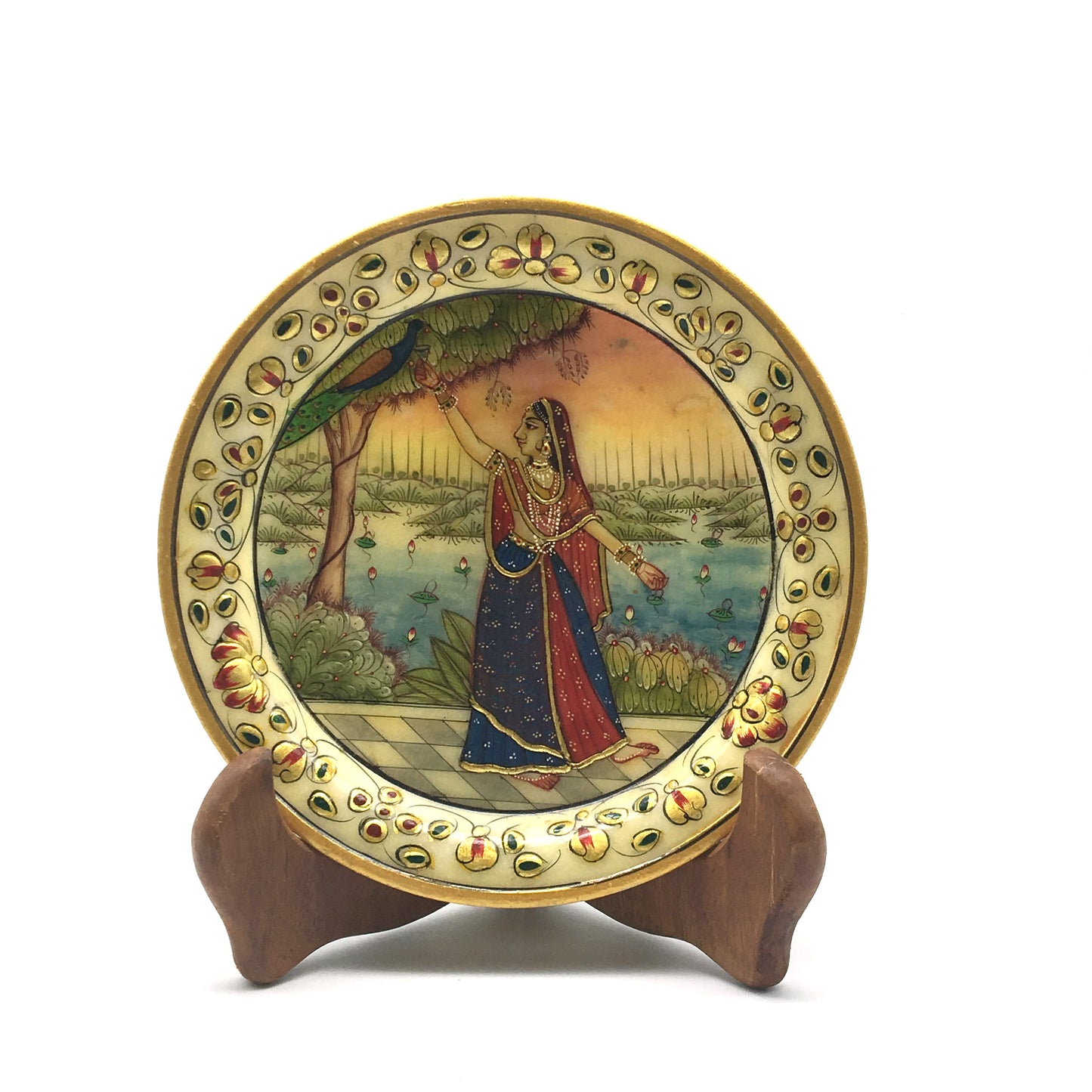Handmade Collectible India Decorative Marble Plate with Wood Stand-Gold Trim - Montecinos Ethnic