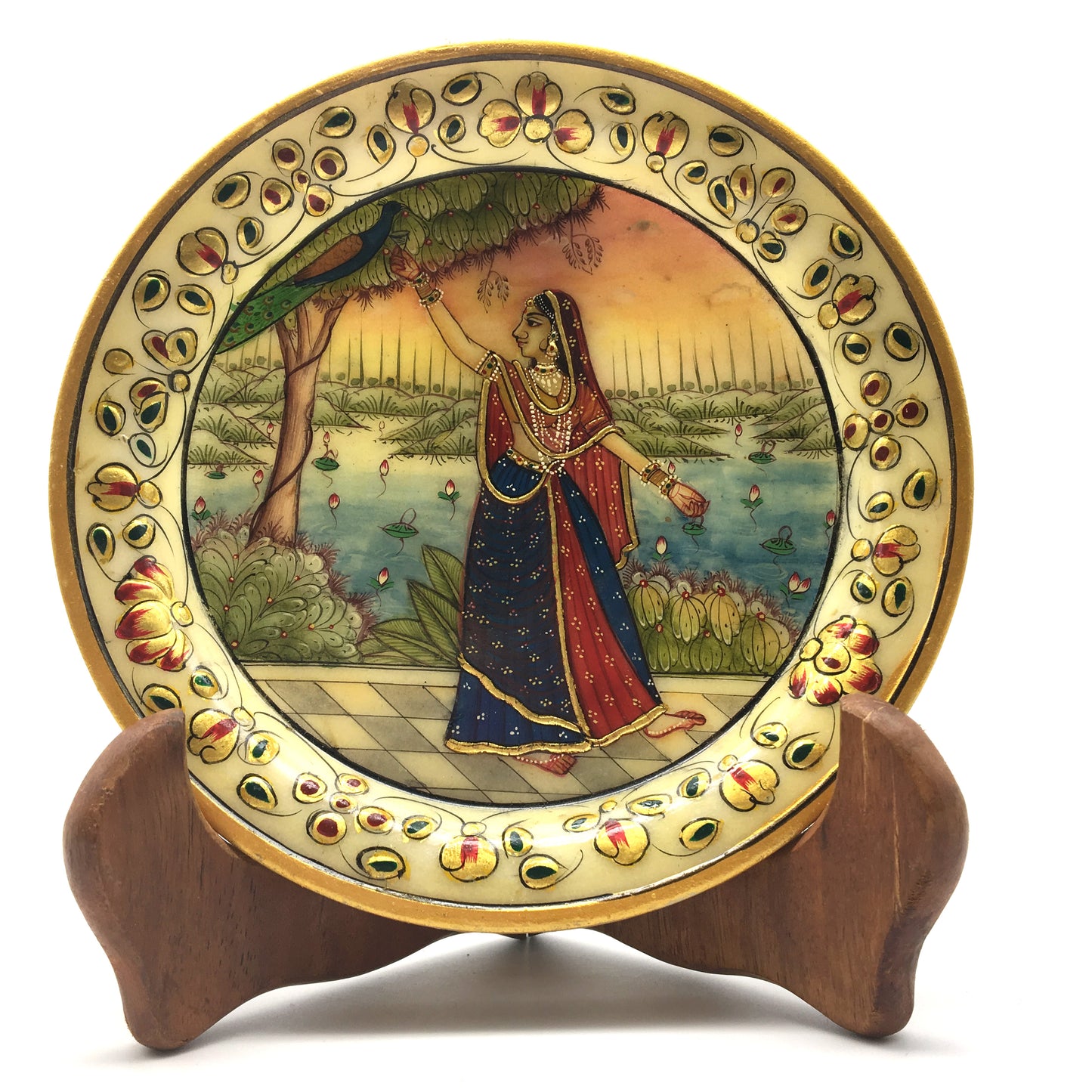 Handmade Collectible India Decorative Marble Plate with Wood Stand-Gold Trim - Montecinos Ethnic