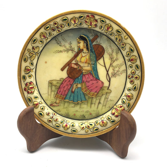 Hand-painted Collectible India Decorative Marble Plate with Wood Stand-Gold Trim - Montecinos Ethnic