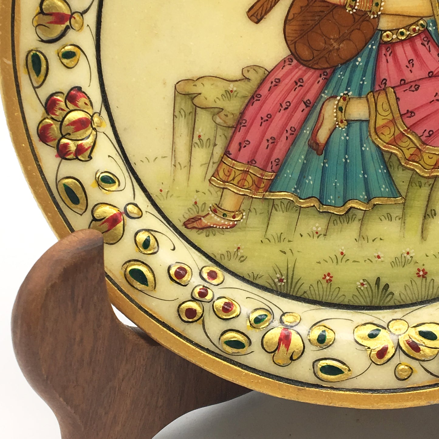 Hand-painted Collectible India Decorative Marble Plate with Wood Stand-Gold Trim - Montecinos Ethnic