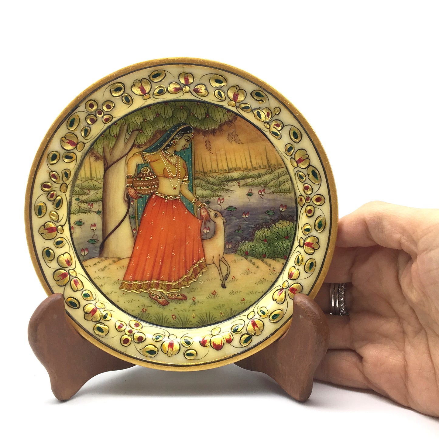 Handcrafted Collectible India Decorative Marble Plate with Wood Stand -Gold Trim - Montecinos Ethnic